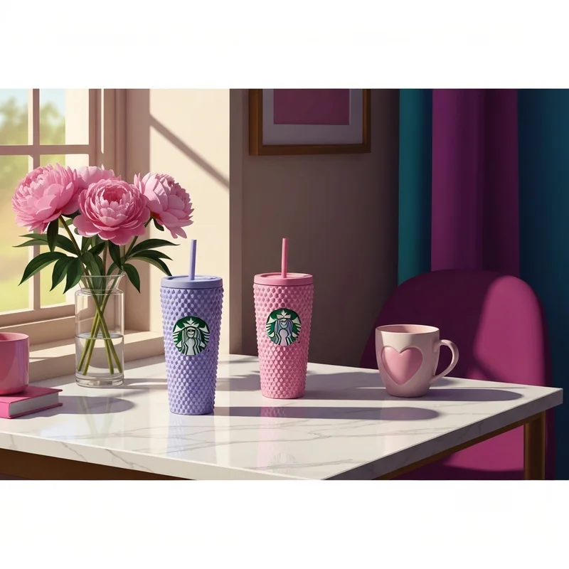 A beautiful display of the starbucks valentines cups 2025 on a marble desk during a sunny morning.