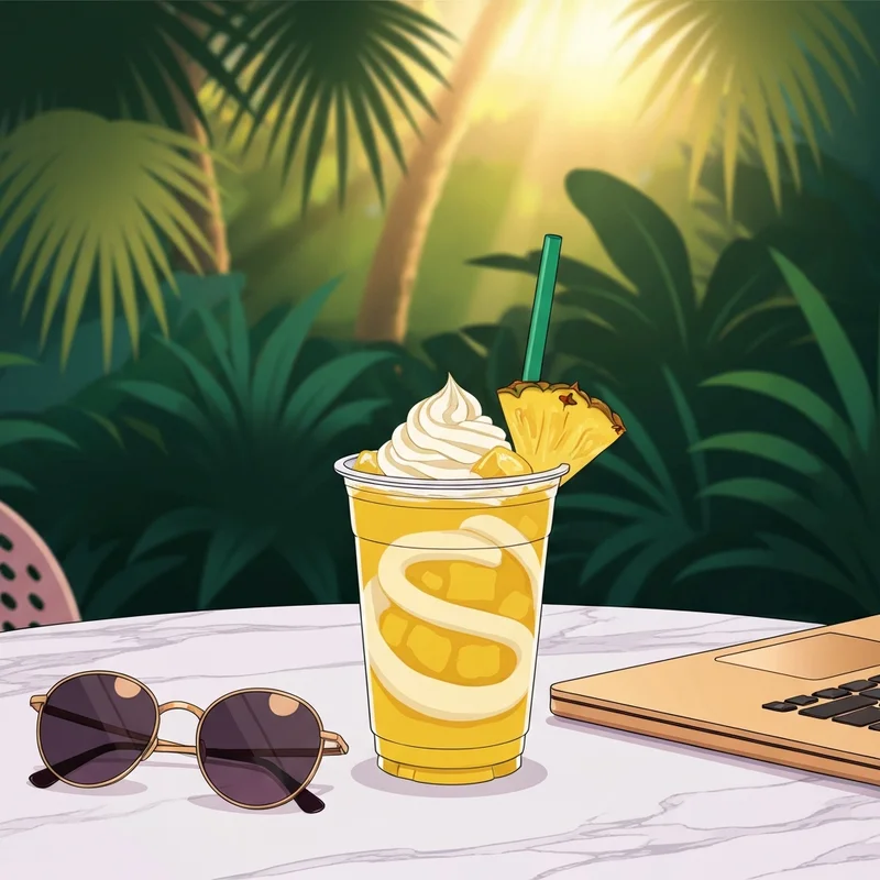 A refreshing paradise drink starbucks on a marble table with tropical background
