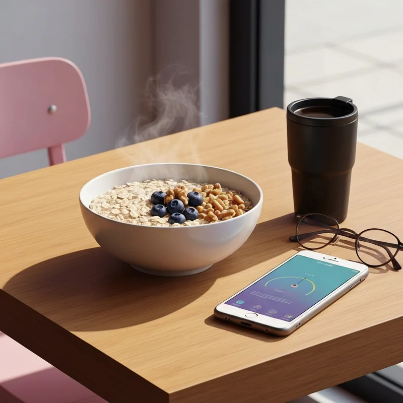 A healthy bowl of oatmeal from starbucks calories on a cafe table with a fitness tracking app.
