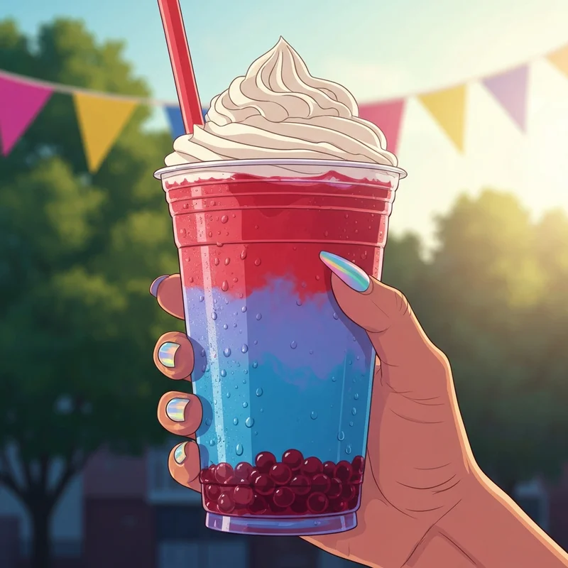 The limited-edition Starbucks Firework Frappuccino held up against a sunny summer sky.