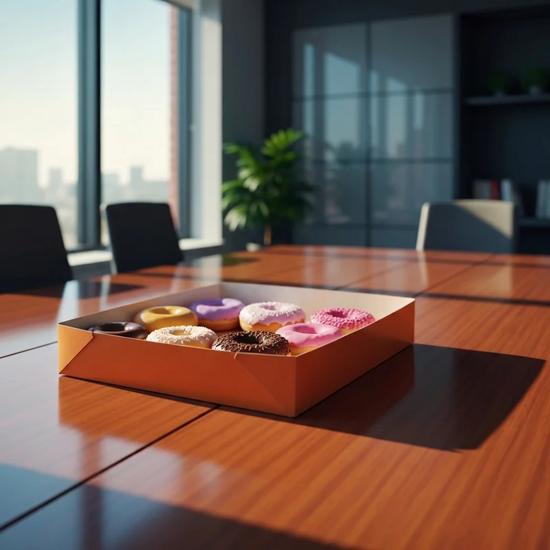 A box of assorted donuts on a table illustrating how much is dunkin donuts dozen donuts for an office meeting.
