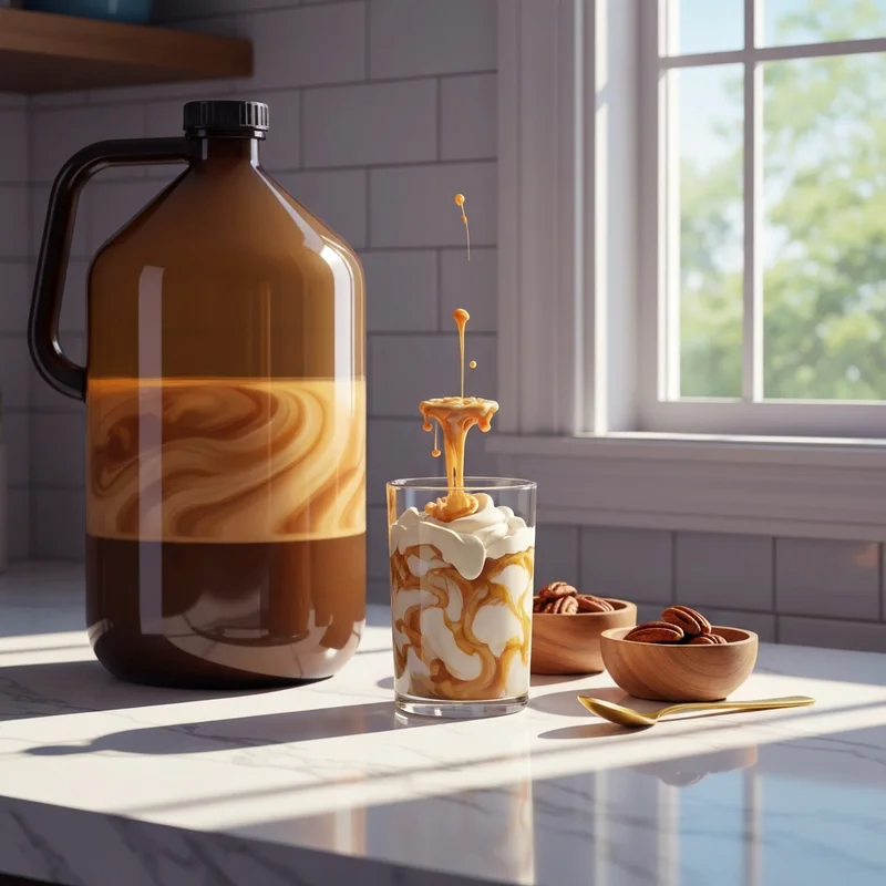 A close-up of a DIY coffee station featuring the iconic Dunkin Donuts Butter Pecan Syrup aesthetic with iced coffee and toasted pecans.