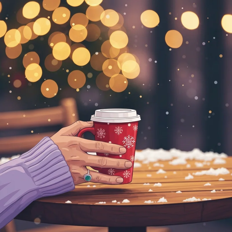A cozy close-up of starbucks holiday drinks 2025 in a festive red cup with holiday lights.