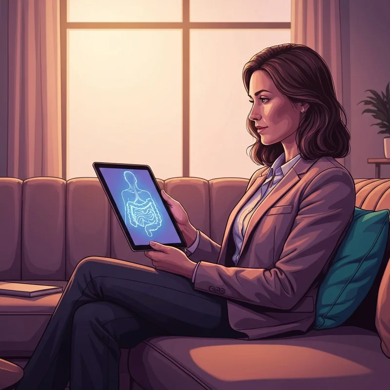 A woman empowered by her health journey looking at the icd 10 for bloating information on a tablet.