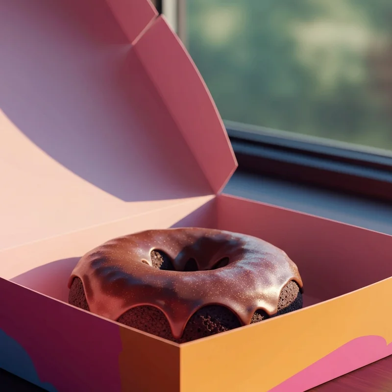 A perfectly glazed dunkin double chocolate donut inside a pink box.