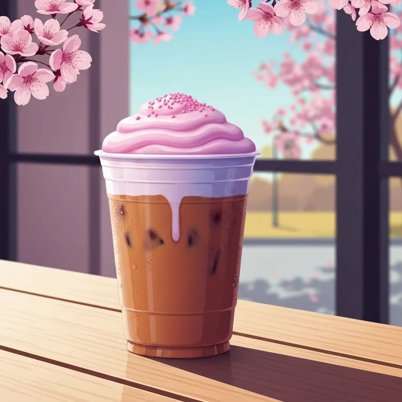 The new Starbucks iced cherry chai with pink cherry cream cold foam and sprinkles on a cafe table during spring.