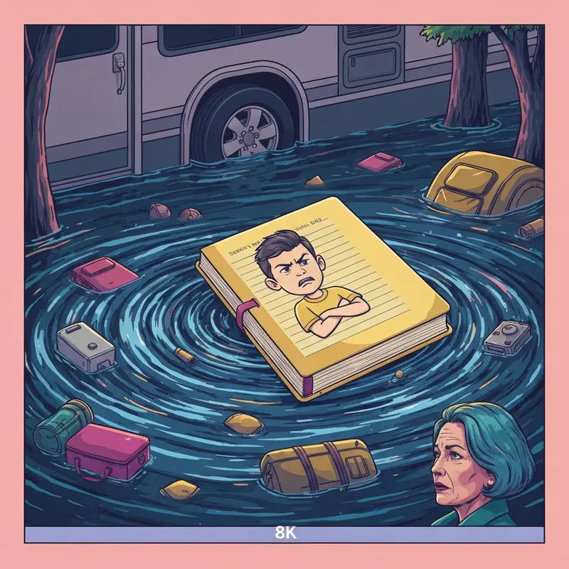 A symbolic and moody representation of the journal from diary of a wimpy kid: the deep end floating in flood water.