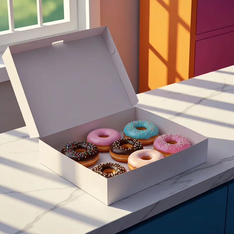 A fresh box of twelve assorted pastries on a counter, illustrating how much are dunkin donuts dozen donuts in a modern setting.