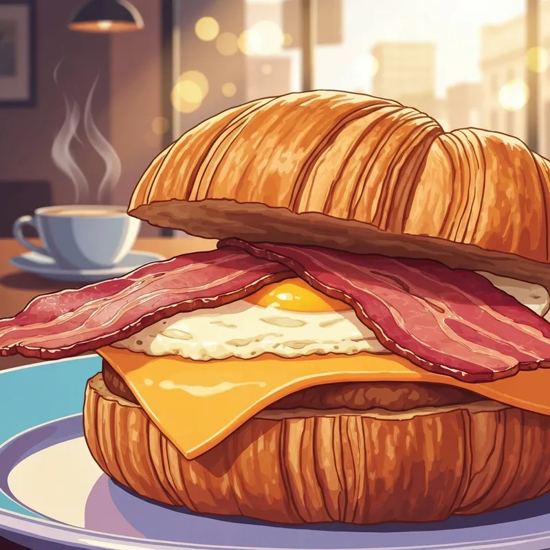 A delicious double smoked bacon starbucks sandwich served fresh on a cafe table with golden morning light.