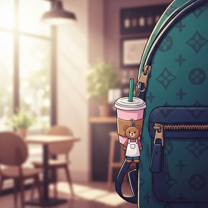 A close-up of a rare starbucks keychain hanging from a stylish backpack in a sunlit cafe.