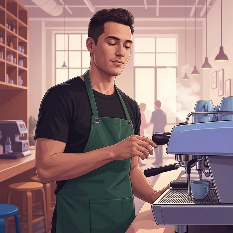 A professional barista working in a high-end cafe, reflecting on the starbucks job salary and career growth.