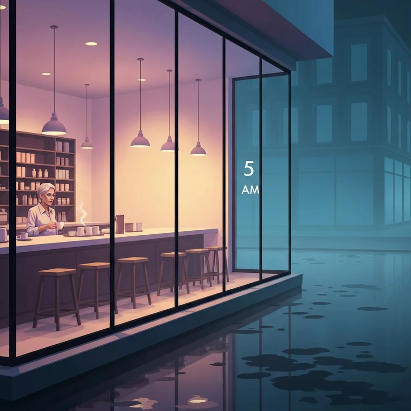 A peaceful morning scene showing what time starbucks open for early commuters.