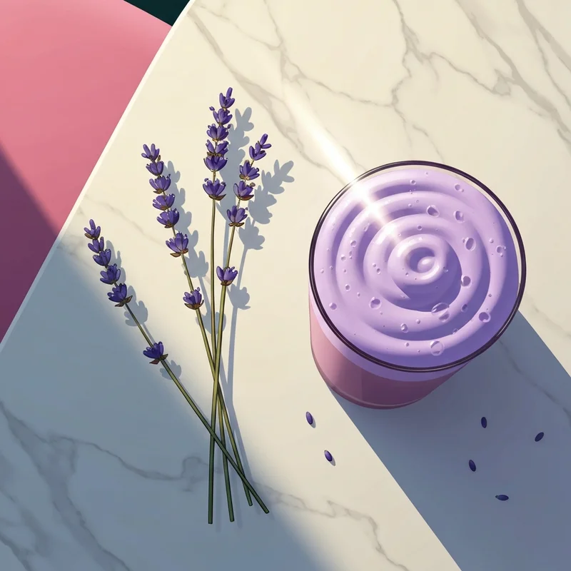 A high-aesthetic iced starbucks lavender latte with purple cold foam on a marble surface.