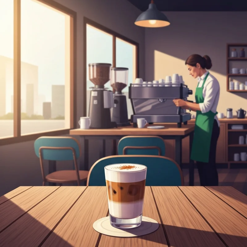 A sophisticated low calorie starbucks iced espresso drink with almond milk on a wooden table in a bright cafe.