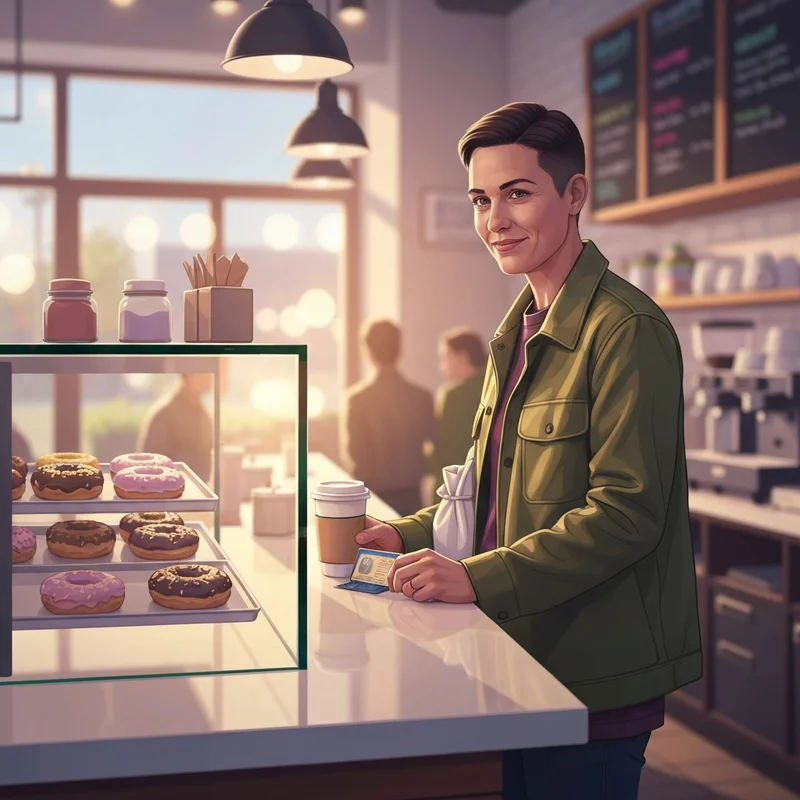 A young veteran enjoying their Dunkin Donuts Veterans Day treat in a sunlit coffee shop.