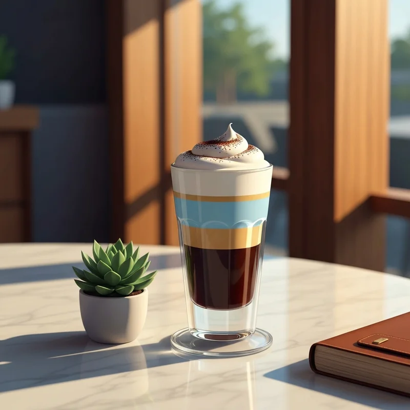 A close-up of a sophisticated starbucks tiramisu drink with layered espresso and mascarpone cold foam on a marble table.