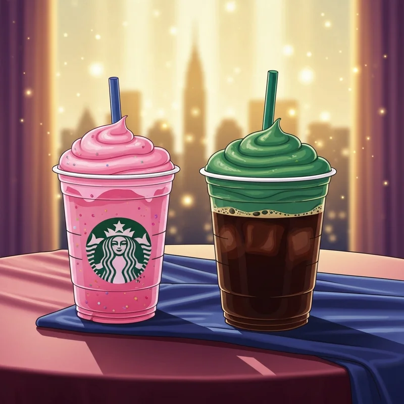 Two wicked starbucks drinks, one pink and one green, representing Glinda and Elphaba archetypes.