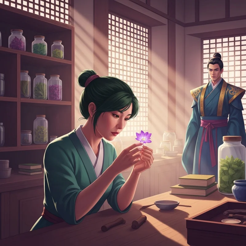 Maomao analyzing a mysterious plant in her laboratory while looking for where to watch apothecary diaries season 2