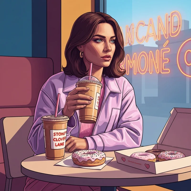 A young woman enjoying the National Donut Day Dunkin Donuts celebration with an iced coffee and a free classic donut.