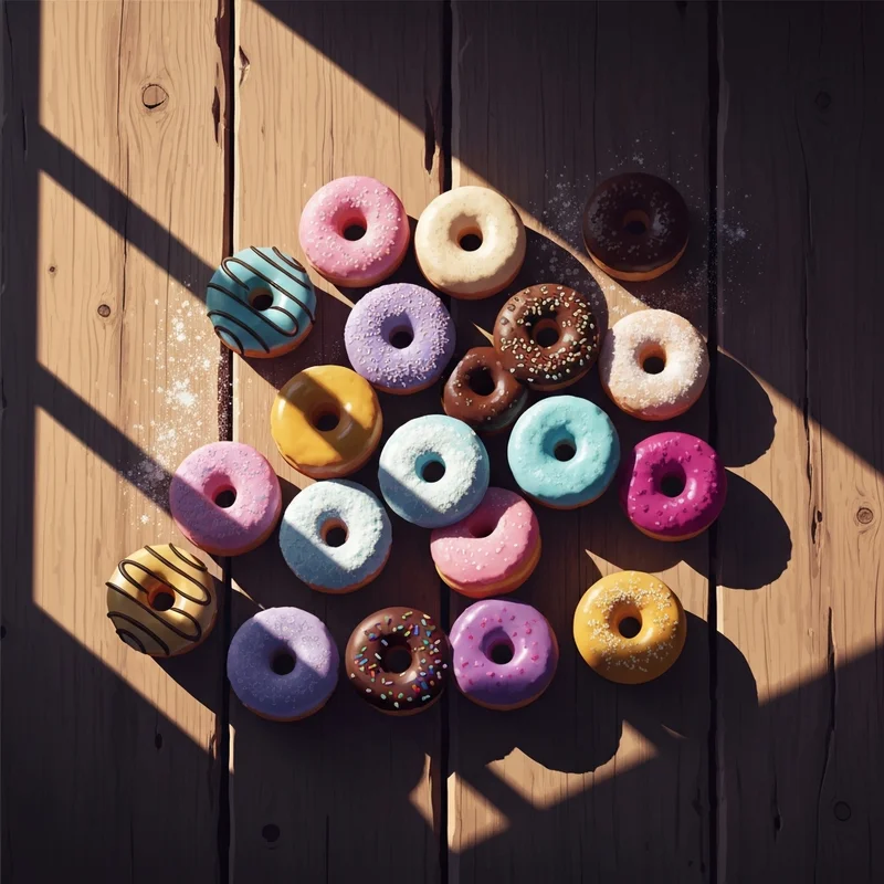 A variety of colorful donut holes representing the calories in dunkin donuts munchkins on a breakfast table.
