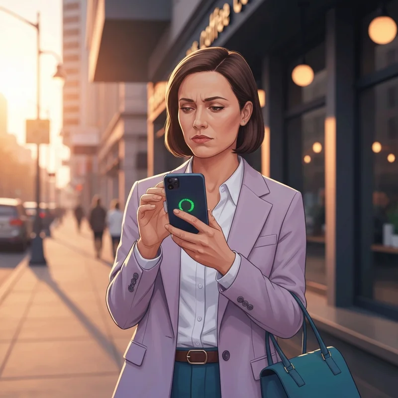 A professional woman looking at her phone during a starbucks app outage in a busy city.