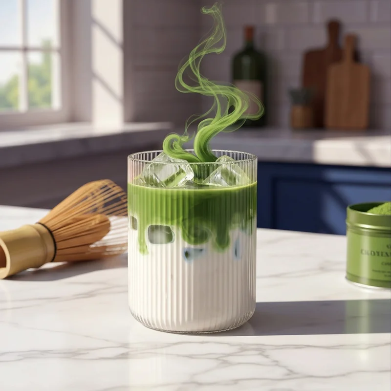 A professional-quality photo showing how to make iced matcha latte with beautiful green swirls in a glass.