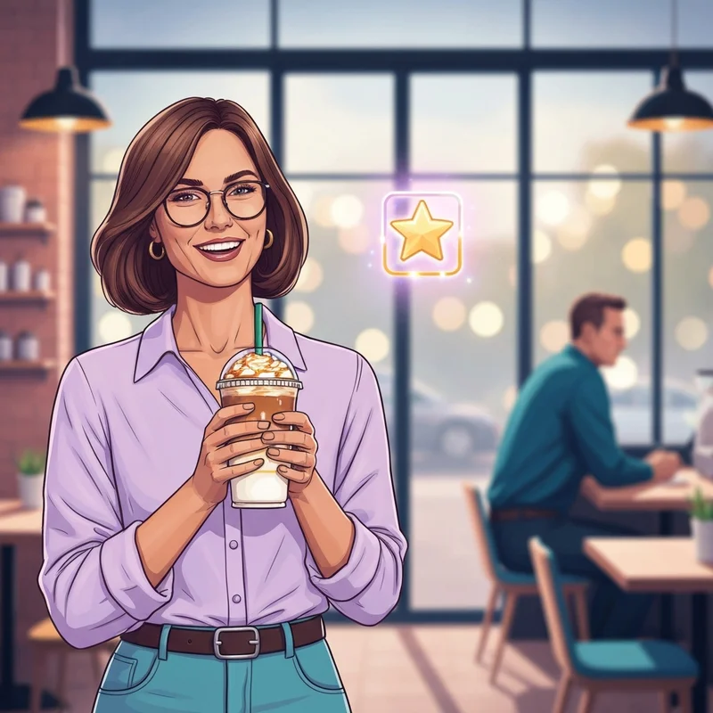 A happy young woman enjoying her free treat after learning how to redeem starbucks birthday drink in a modern cafe.