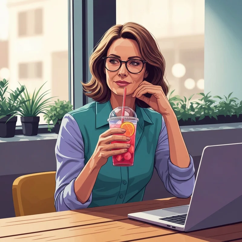 A young professional enjoying a drink while researching how much caffeine starbucks refreshers contain.