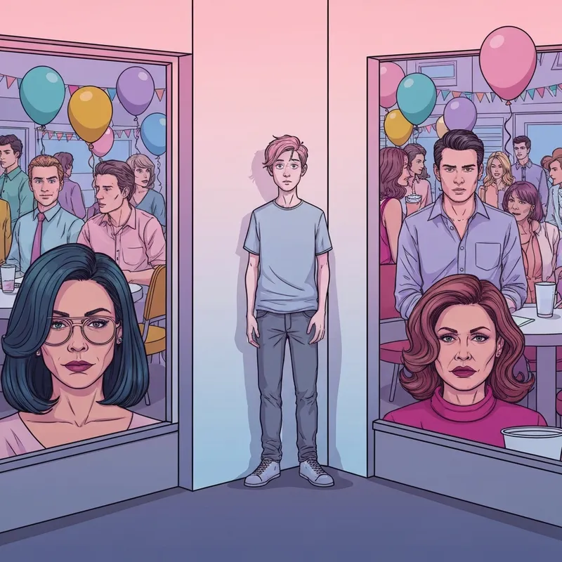 A digital illustration representing the social anxiety themes found in Diary of a Wimpy Kid Partypooper.