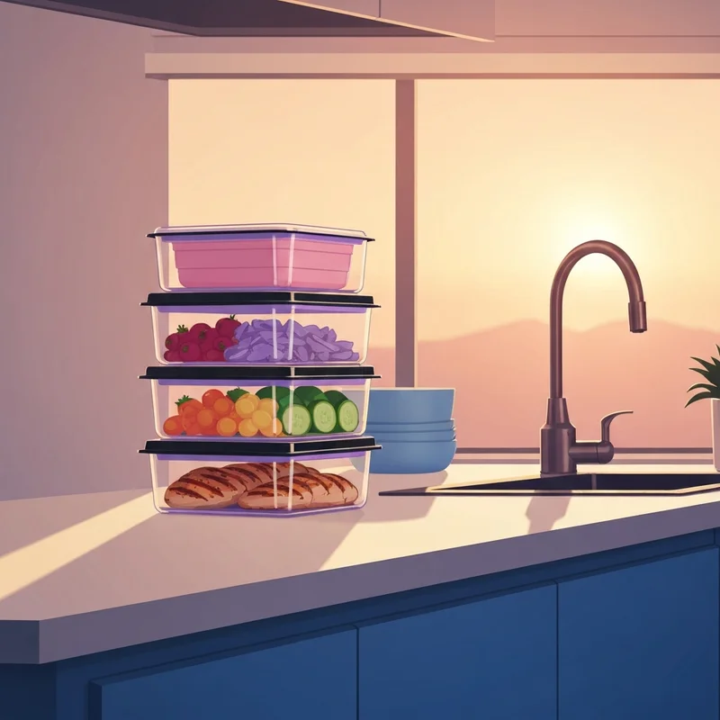 Sleek and organized disposable meal prep containers filled with healthy food on a clean kitchen counter.