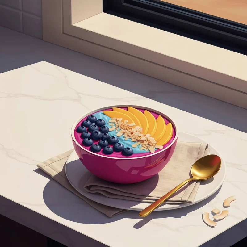 A vibrant and thick tropical smoothie bowl topped with fresh fruit and superfoods in a sun-drenched kitchen.