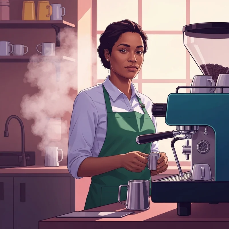 A professional barista working in a cafe, reflecting on how much does a barista get paid at starbucks.