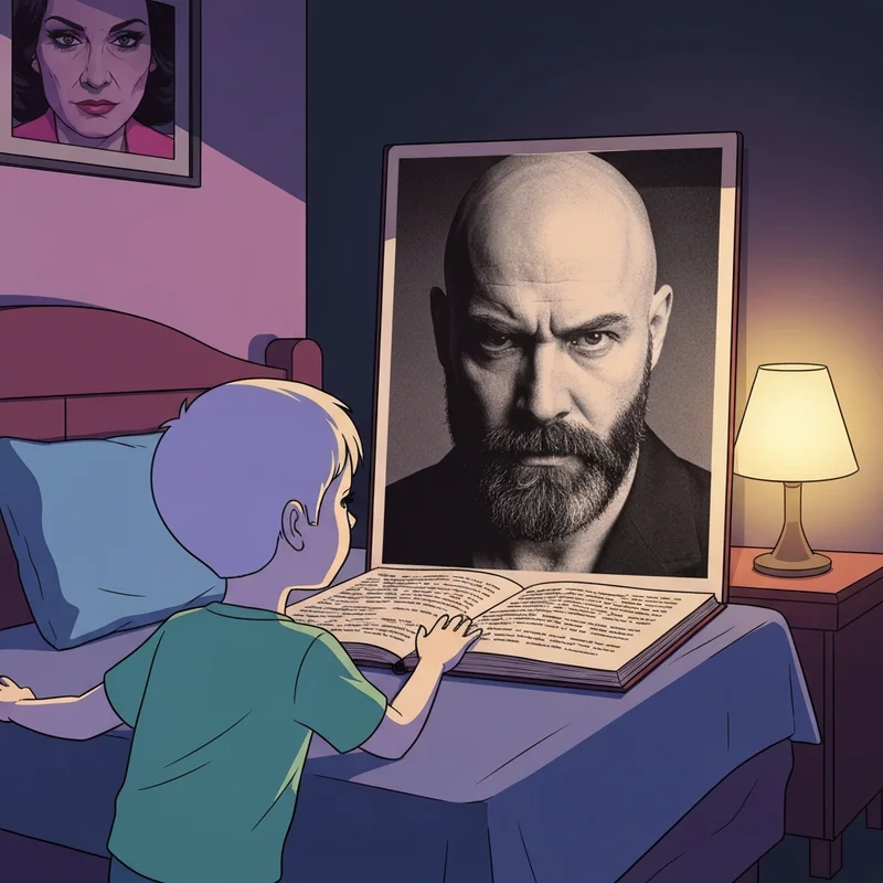 A young boy looking at the shel silverstein diary of a wimpy kid author photo in a dark room.