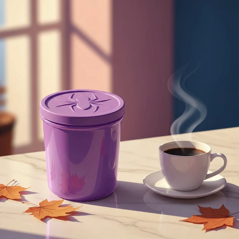 A close-up of the seasonal munchkin bucket dunkin with its iconic purple spider lid on a festive table.
