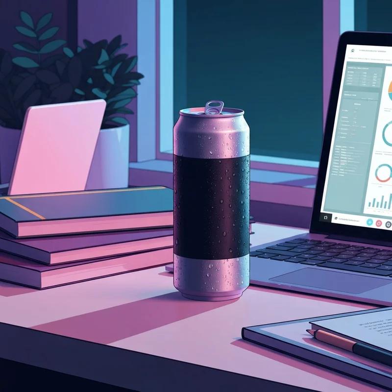 A sleek can of starbucks triple shot on a student's desk under aesthetic midnight lighting.