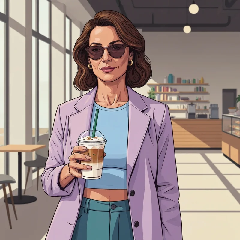 A woman enjoying one of her favorite low sugar starbucks drinks in a modern cafe setting.