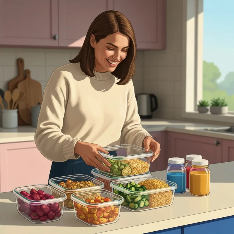 A young woman organizing her weekly cheap meal prep ideas in a bright and aesthetic kitchen.
