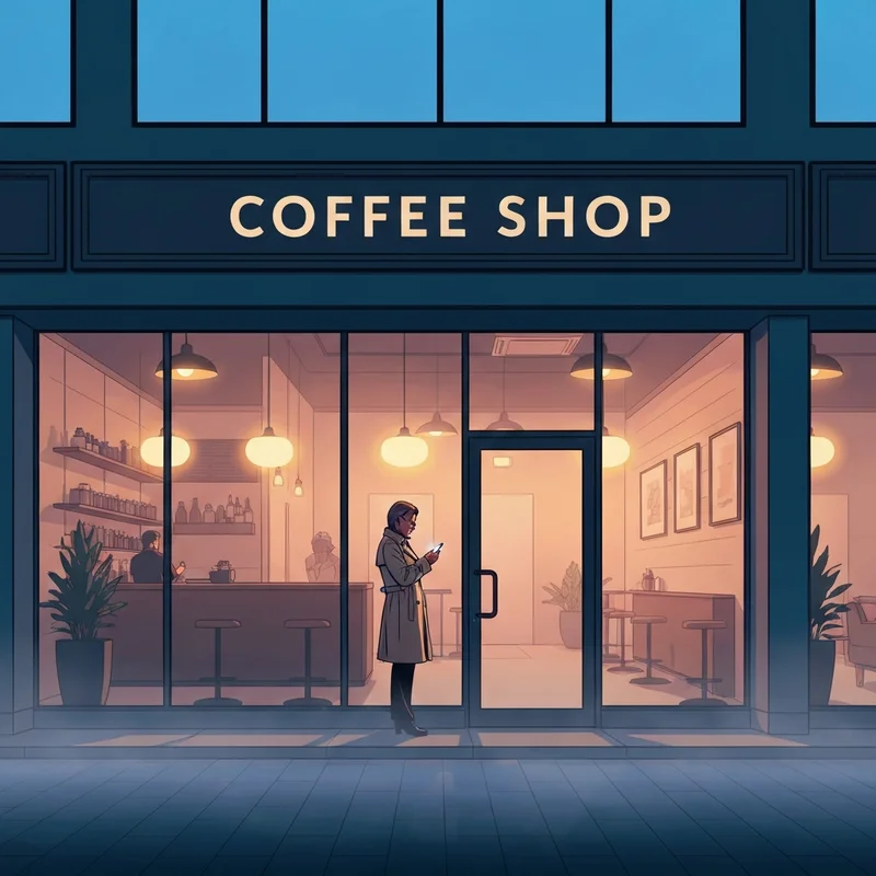 A young professional checking their phone to see when do starbucks open while standing in a quiet urban street at dawn.