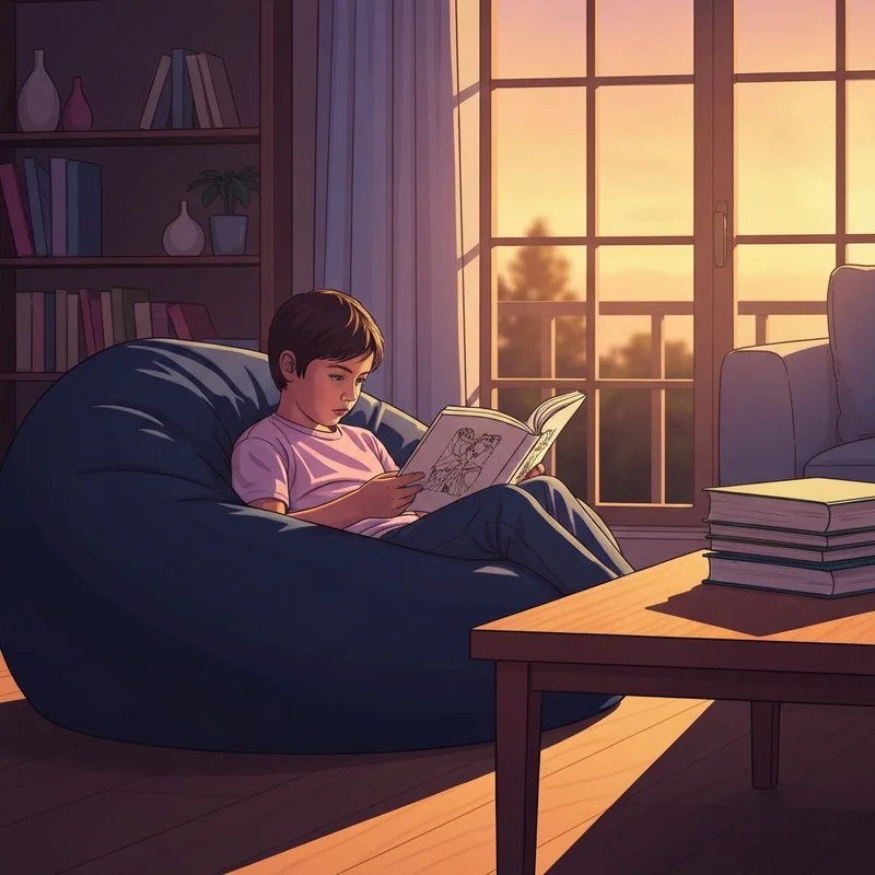 A young student exploring the diary of a wimpy kid reading level in a comfortable home environment.