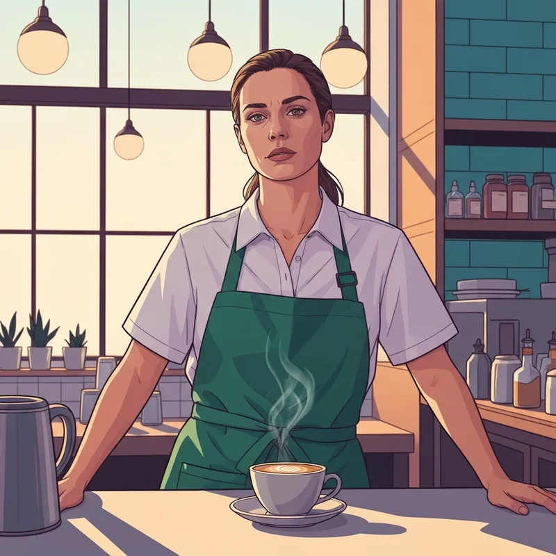 A young barista wearing one of the iconic starbucks aprons in a modern coffeehouse setting.