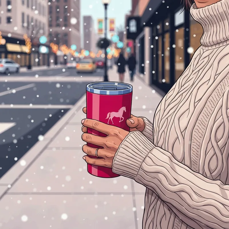 A cozy morning scene featuring a limited edition red starbucks cup on a festive winter day.