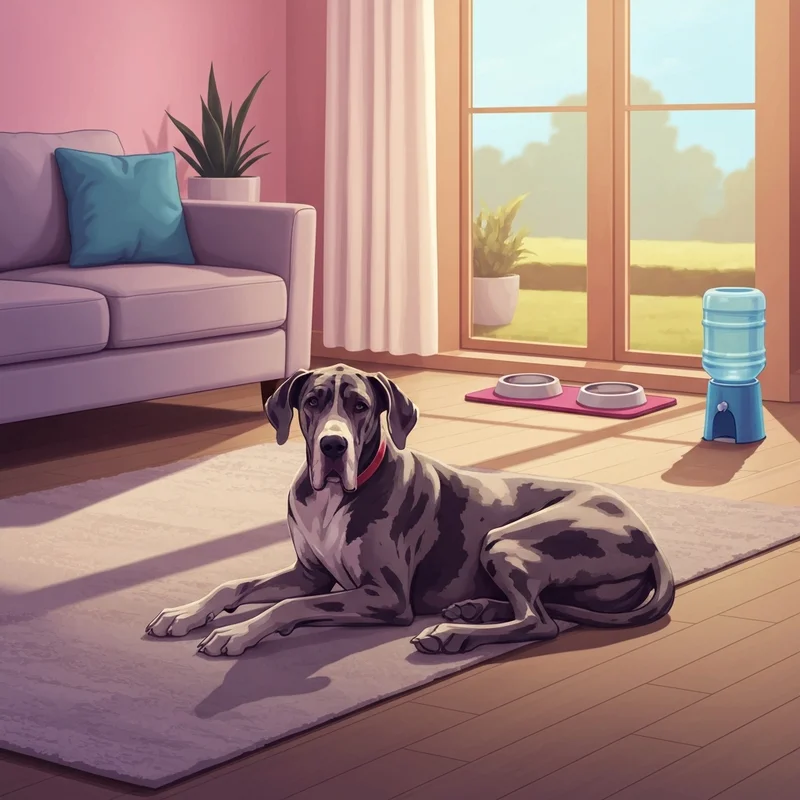 A calm large breed dog resting at home, demonstrating how to avoid bloat in dogs through a relaxed environment.