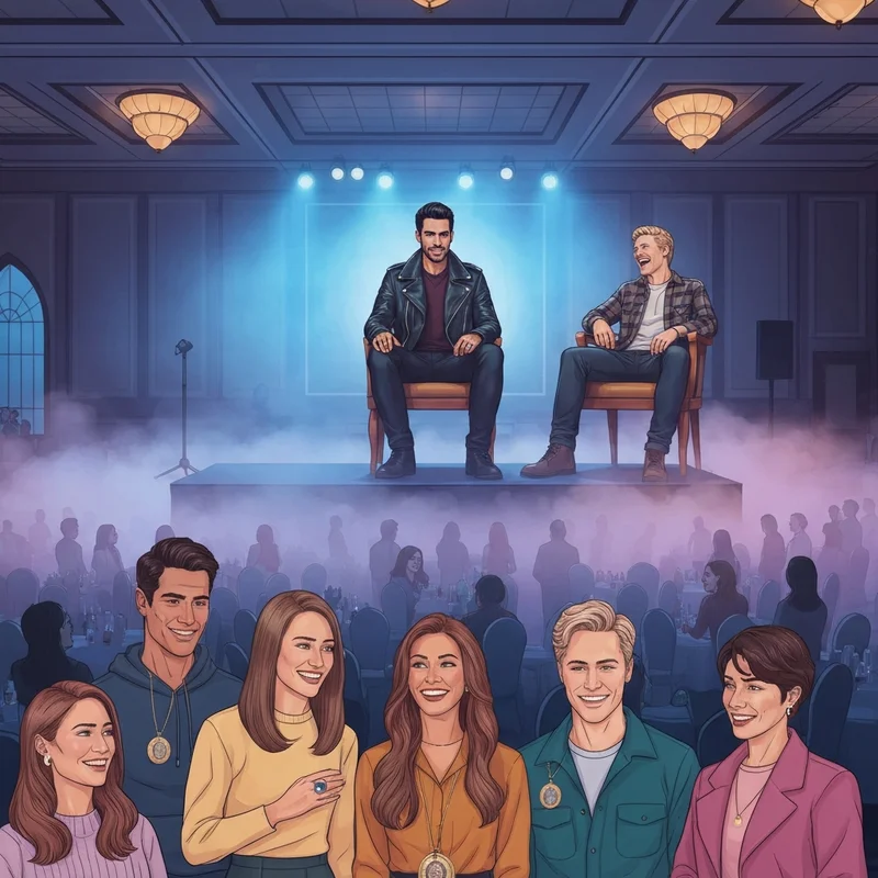 Fans gathered at a Vampire Diaries convention with cast members on stage in a gothic ballroom setting.