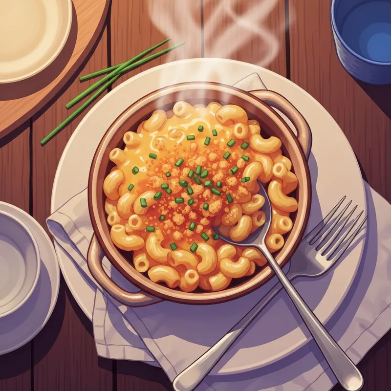 A close-up of a bowl of creamy dairy free mac and cheese with golden breadcrumbs and fresh chives.