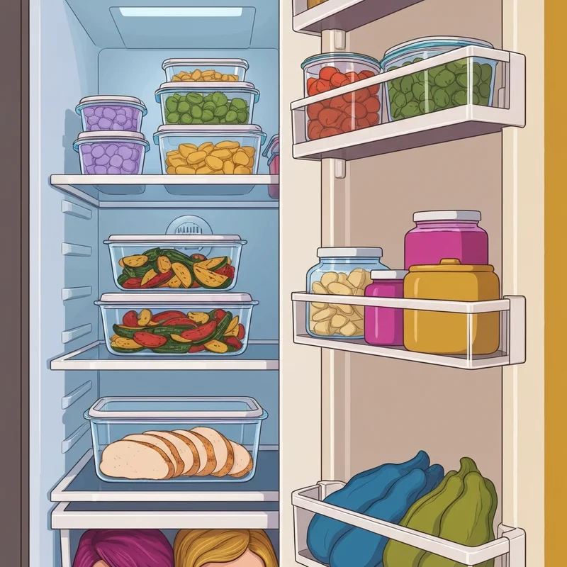 A perfectly organized refrigerator filled with healthy chicken meal prep recipes in glass containers.