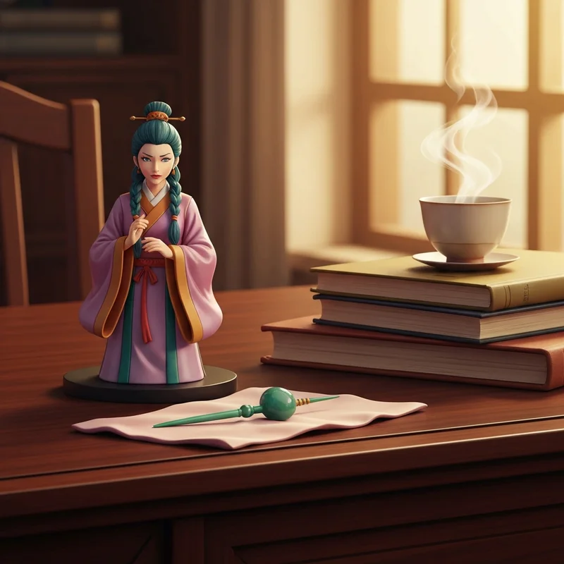 A curated collection of official apothecary diaries merch featuring a Maomao figure and jade hairpin on a sophisticated academic desk.