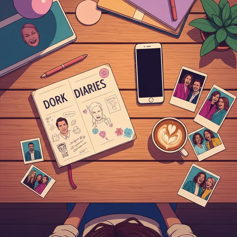 A nostalgic workspace featuring a book from the Dork Diaries series and modern accessories.