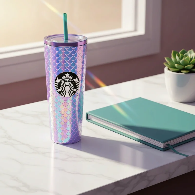 A close-up of a holographic starbucks mermaid cup catching the morning light on a curated desk.