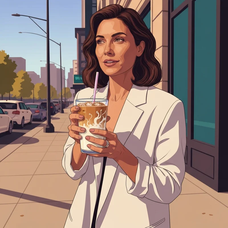 A woman holding a delicious low calorie starbucks drinks iced on a sunny morning.