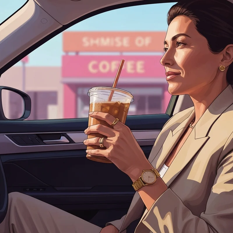 A young professional enjoying a sugar-free iced coffee with dunkin flavor shots in a sunlit car.